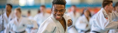 Young African American man in a white karate gi smiling while practicing martial arts. photo