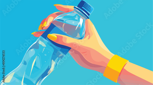 Female hand and bottle of water on color background
