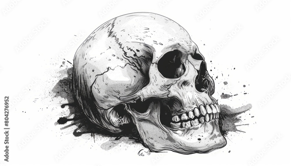 Fototapeta premium A skull is drawn in black and white coloring. Imitation sketch print. Illustration for cover, card, postcard, interior design, banner, poster, brochure or presentation.