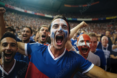 A group of soccer fans cheering enthusiastically with his face painted in the colors of the French flag at a football stadium.