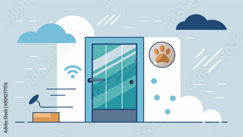 A hightech pet door that uses advanced weather sensors to keep your pets safe from harsh winds and storms.. Vector illustration