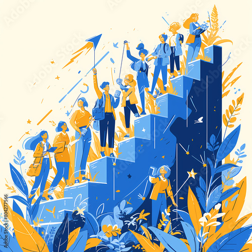 Award-Winning Illustrated Group Ascension of a Blue Staircase with Stars and Planets, Symbolizing Success and Teamwork