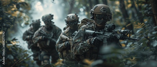 Soldiers on a reconnaissance mission moving in formation through dense forest on a reconnaissance mission.