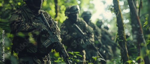 Camouflaged Soldiers on a Reconnaissance Military Mission. They are moving through dense forest in formation with rifles ready. Low angle footage.