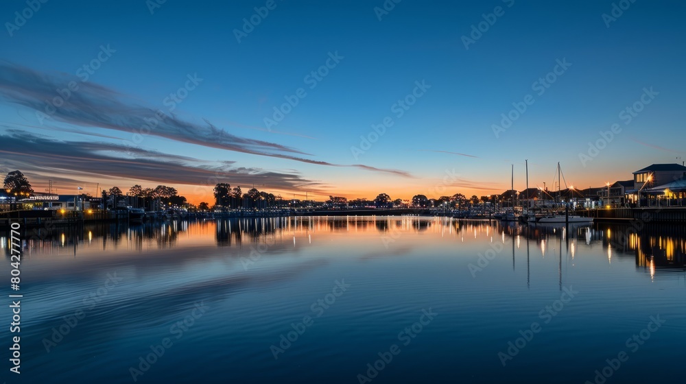 A tranquil harbor scene at twilight, with the sky tinged in shades of purple and blue