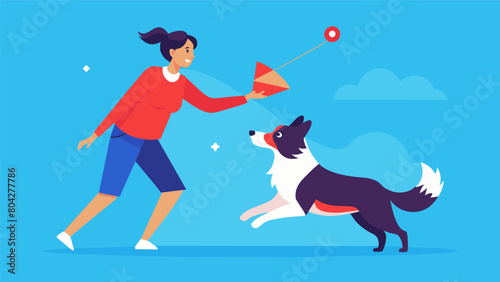 With a bright red clicker in hand a woman guides her energetic border collie through a series of training exercises on the apps virtual training. Vector illustration