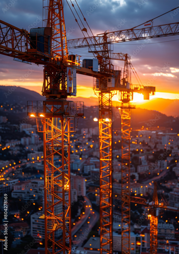 Tower cranes reach towards the sky, their steel arms lifting materials high into the air with precision and grace. Construction, building, architecture.