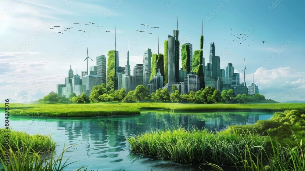 Futuristic Green Cityscape with Eco Skyscrapers and Lush Parks