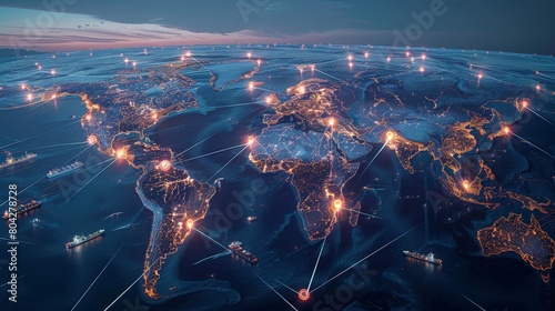 Abstract visualization of global trade with interconnected world map and shipping routes photo