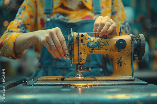 Woman dressmaker to use sewing machine. Hands of the seamstress. Old sewing machine, sewing machine ready for work. Closeup woman seamstress sews. Hobby sewing as a small home business concept