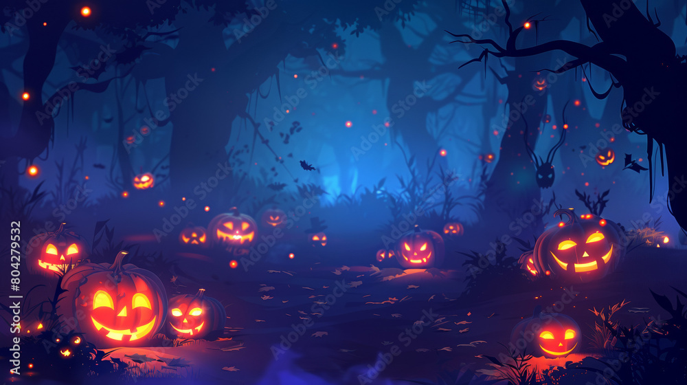 Eerie blue forest filled with carved pumpkins, creating a spooky Halloween night setting