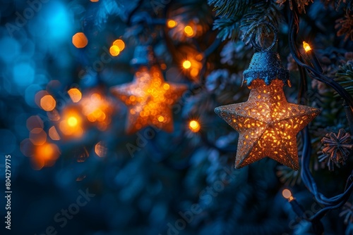 A festive golden star ornament sparkles among the blue hues of a Christmas tree, with soft light bokeh glowing in the background
