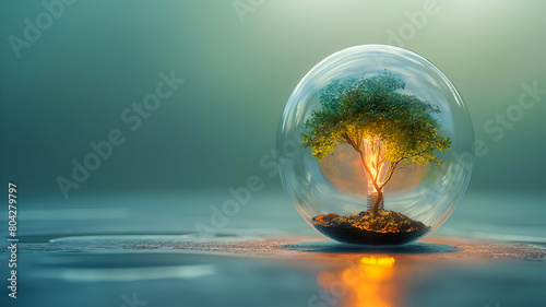In an incandescent lamp in the shape of a large round ball, green plant leaves sprout on an isolated background. The idea of how ecology and energy saving are interconnected.