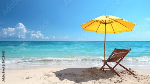 A chair and an umbrella provide shade on the sandy beach  with the azure sky reflecting in the crystal clear water of the oceanic coastal landforms AIG50