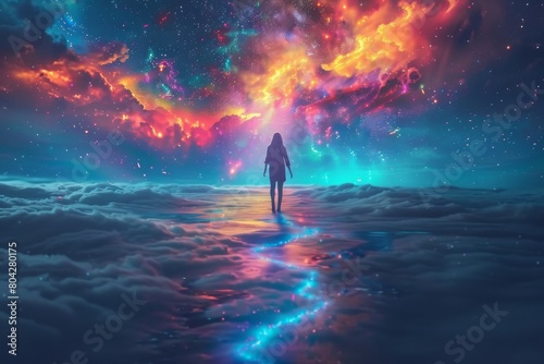 A lone silhouette walks on a reflective surface toward a breathtaking interstellar nebula with vibrant colors in a fantasy setting