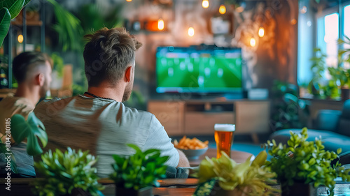 Young people gathered at home to enjoy watching a football match on TV. They sat comfortably on the couch, completely focused on the game.
