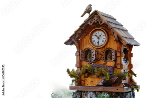 Traditional Cuckoo Clock Timepiece on Transparent Background.