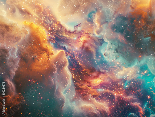 A breathtaking display of a colorful nebula with twinkling stars and interstellar dust clouds