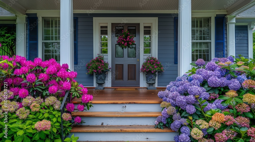 Bright purple hydrangea in full bloom lining the front steps of a house, adding a pop of color to the entrance Bright purple hydrangea in full bloom lining the front steps of a house, adding a pop of color to the entrance