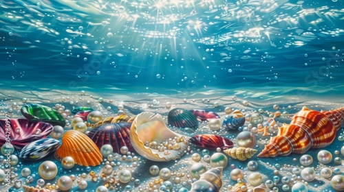 Underwater Dreamscape with Sunlit Seashells and Pearls photo
