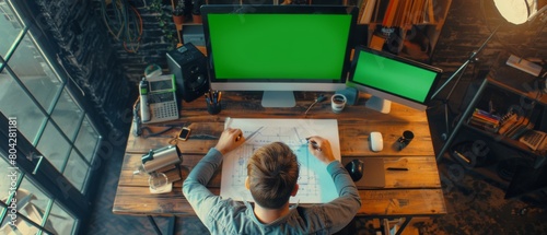 A view from the top of an architect drawing on his blueprints, comparing it to a tablet with a green screen, and also using a desktop computer with useful objects. photo