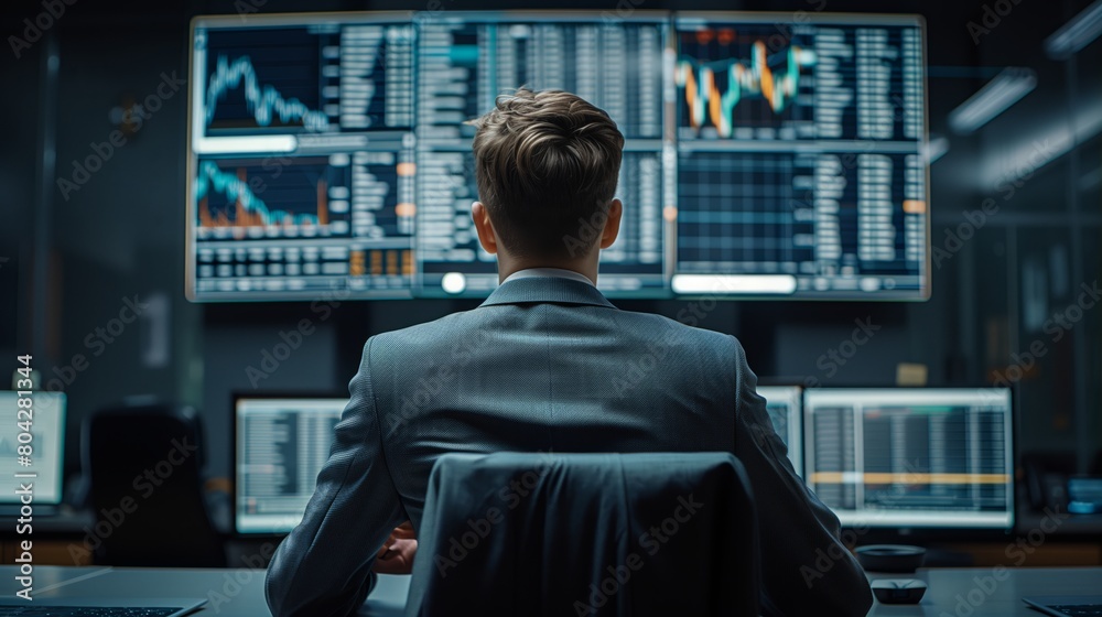 Man freelance trader on stock exchange, trades while sitting at a computer. Concept of game on stock exchange for trading stocks, futures and bonds.
