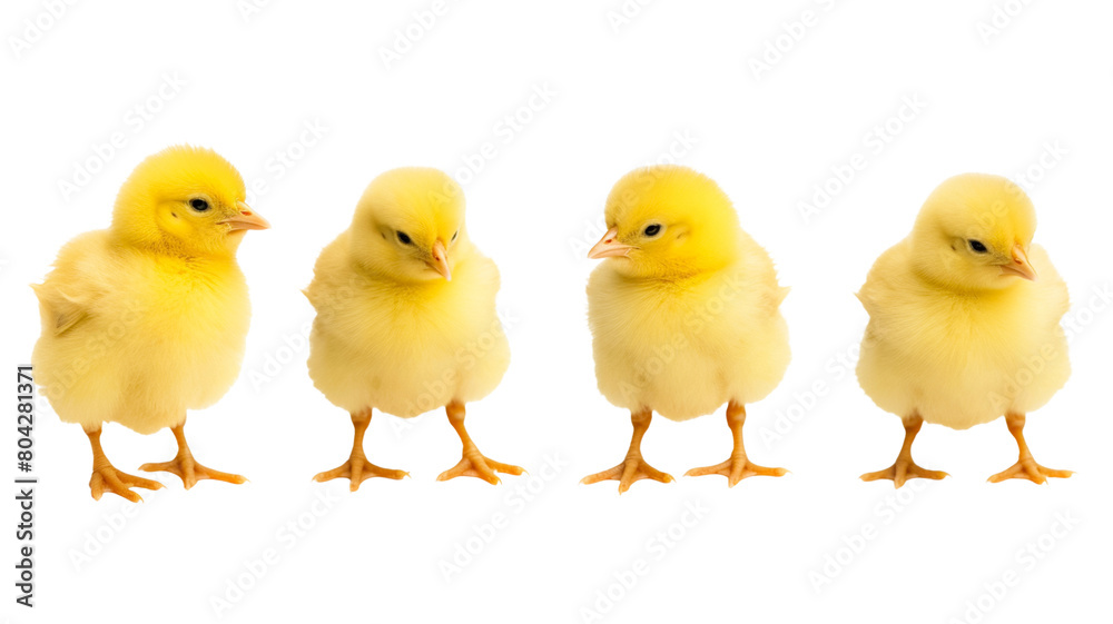 Little yellow chicks isolated on transparent png background. Farm incubator chickens on walk.
