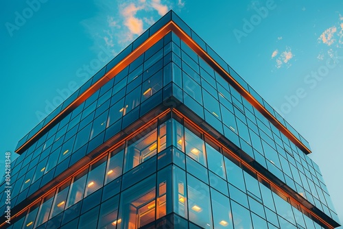 A striking architectural photography of a contemporary glass building with a clear blue sky, illustrating urban development