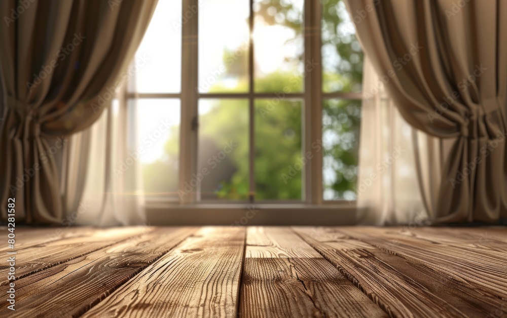 The wooden floor is in the foreground, with a window in the background letting in sunlight. The interior design includes a plant, curtains, and grass outside The wooden floor is in the foreground, with a window in the background letting in sunlight. The interior design includes a plant, curtains, and grass outside