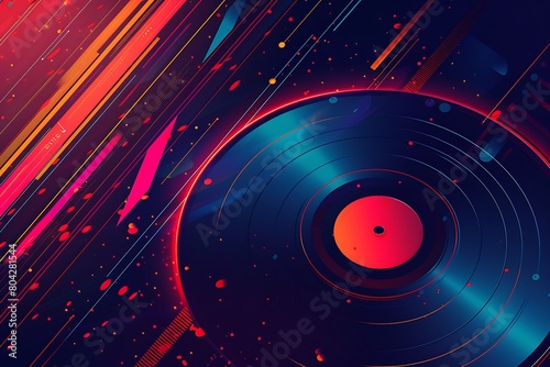 Paster template for retro disco party 70s. Vinyl record and neon colors element of 1970 style. Vintage music flyer. Vector illustration. . photo