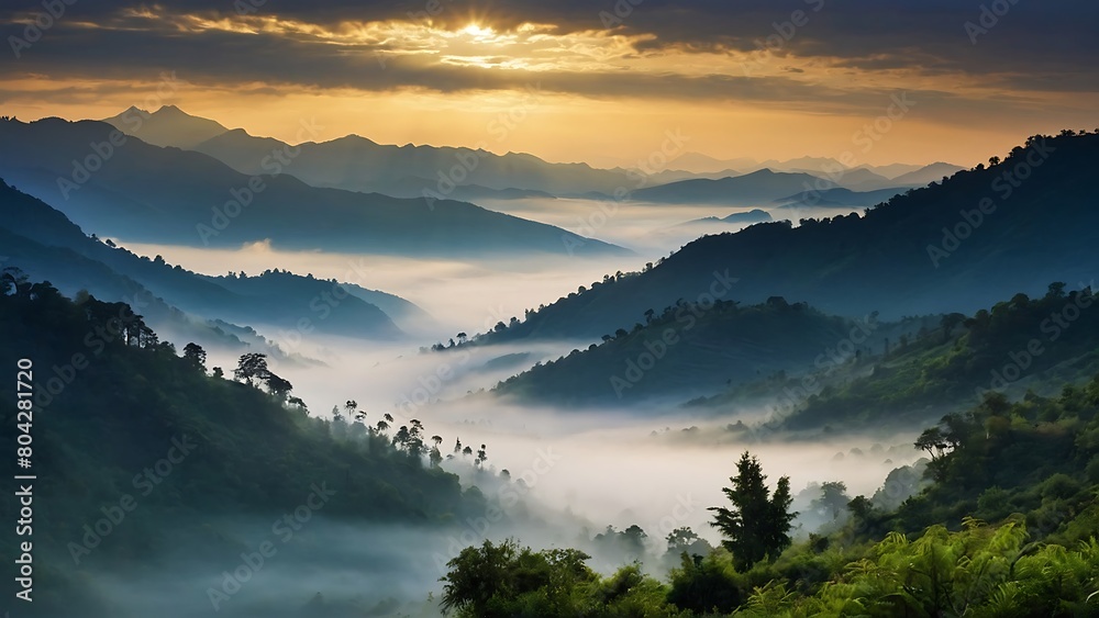 Misty Mountains Dawn's Tranquil Embrace