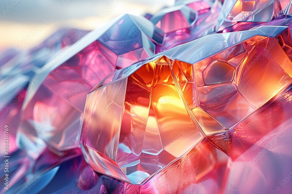 This image depicts a close-up view of a crystalline structure with vibrant, shimmering colors and a detailed texture