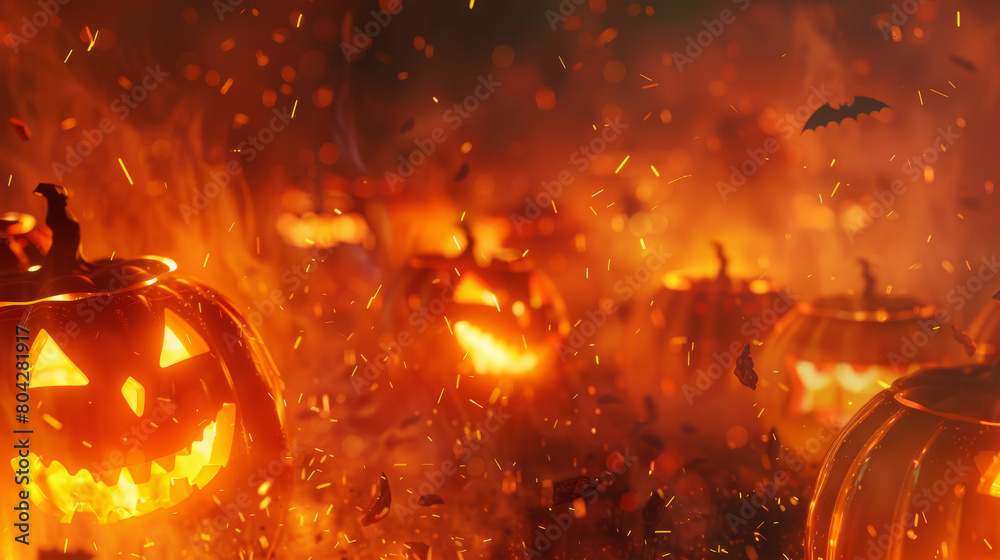 Sparks fly as a row of jack-o'-lanterns come to life in this dynamic and fiery Halloween-themed image Sparks fly as a row of jack-o'-lanterns come to life in this dynamic and fiery Halloween-themed image