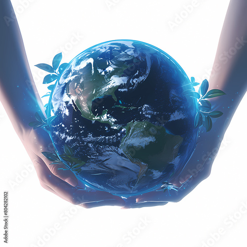 Human Care for Earth - Close-Up of Hand Encircling World Map with Ocean Reflection photo