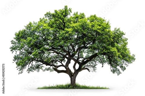 A huge tree with green foliage stands by itself on a white background. Generative Ai
