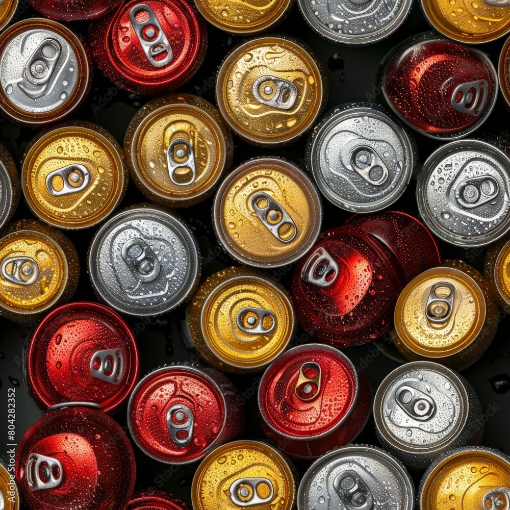 Multiple soda cans neatly arranged on a black surface in a grid pattern Multiple soda cans neatly arranged on a black surface in a grid pattern