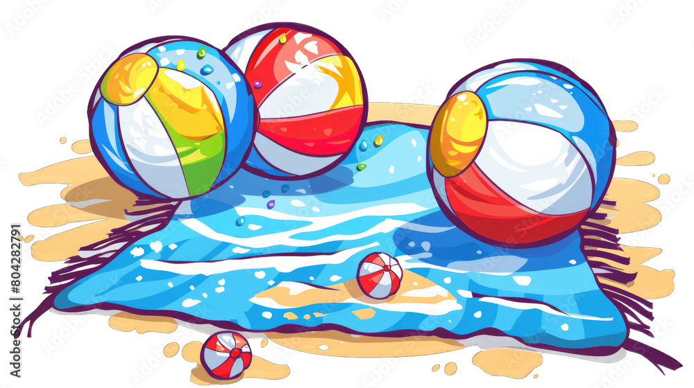 This is a photo of four beach balls on a beach towel in isolated on transparent background This is a photo of four beach balls on a beach towel in isolated on transparent background