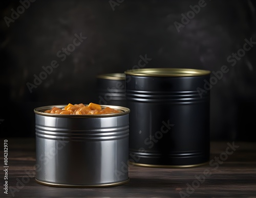 Closed tin can with canned food. On black rustic background
