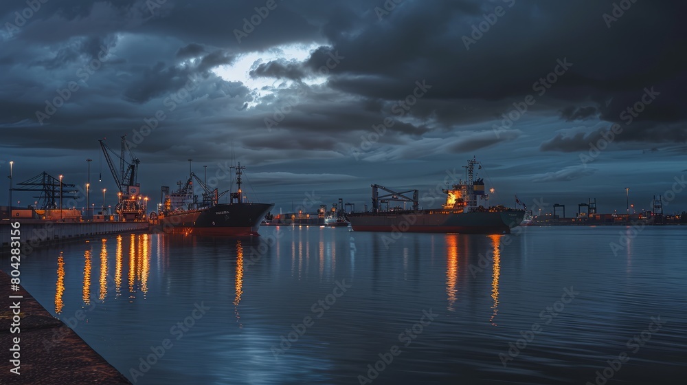 A twilight scene at a port terminal, with cargo ships illuminated by the warm glow of dock lights