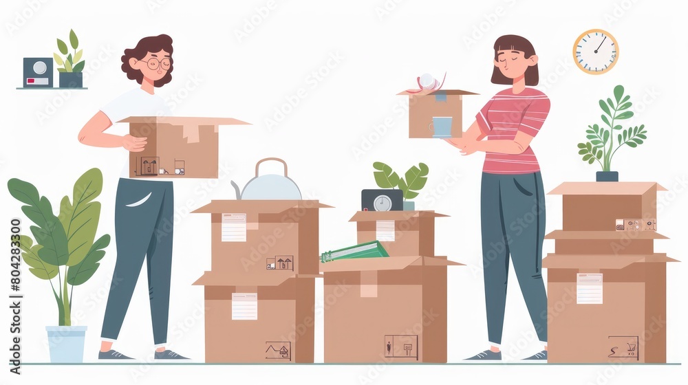 Happy young woman and her husband unpacking cardboard boxes with kitchenware, books, green domestic plants, clock and other things Happy young woman and her husband unpacking cardboard boxes with kitchenware, books, green domestic plants, clock and other things