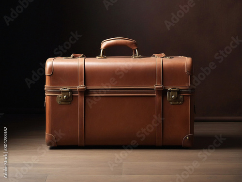 Realistic Old brown vintage travel leather suitcase illustration on grey background. Symbol and concept of travel. Adventure time. Retro leather vintage travel 3d suitcase or bag.