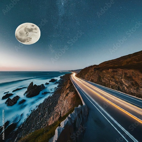 moon over the sea and a road