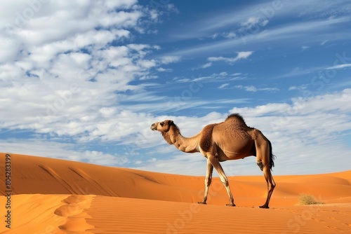 A camel walking in a desert.