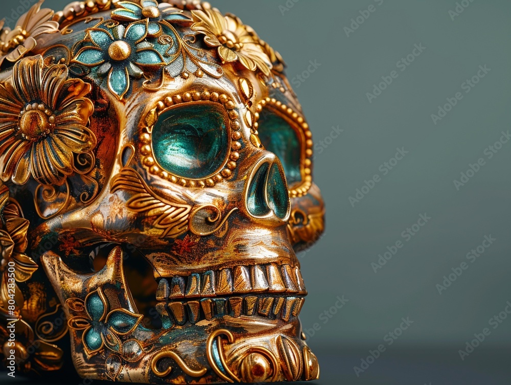 Fototapeta premium A Day of the Dead skull in gold, a traditional Mexican symbol, with ample copy space 8K , high-resolution, ultra HD,up32K HD