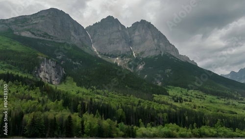 high rocky mountains covered with green trees under the cloudy sky