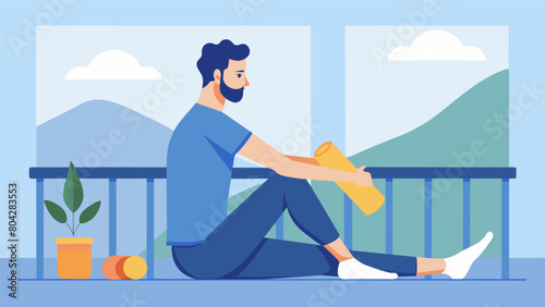 A man sits on a balcony using a small foam roller to massage and stretch his legs before heading off to work.. Vector illustration