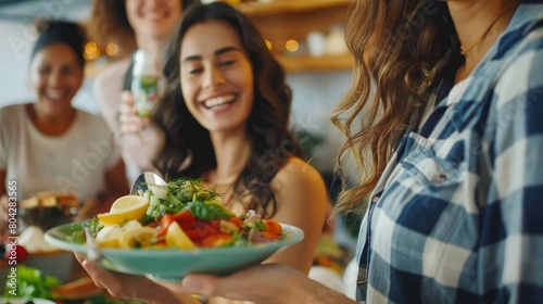 Happy young woman serving festive table with vegetable salad in bowl while standing against her friend bringing other snacks and appetizers