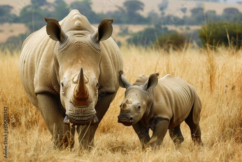 A rhinoceros baby with its mother in the savannah.