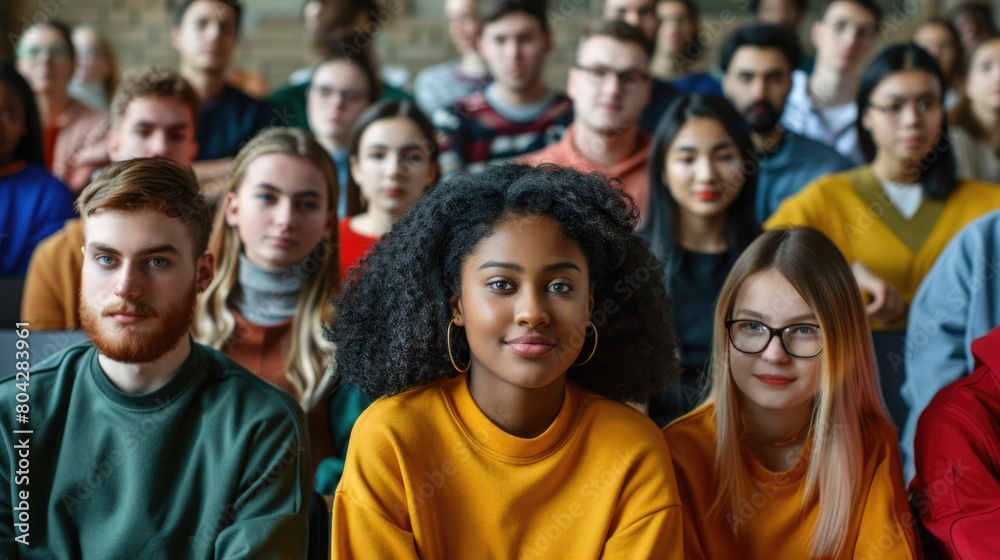 Multiethnic group of university students in lecture hall Multiethnic group of university students in lecture hall