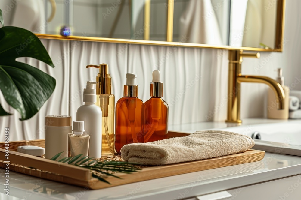 Beauty products in a clean bathroom.